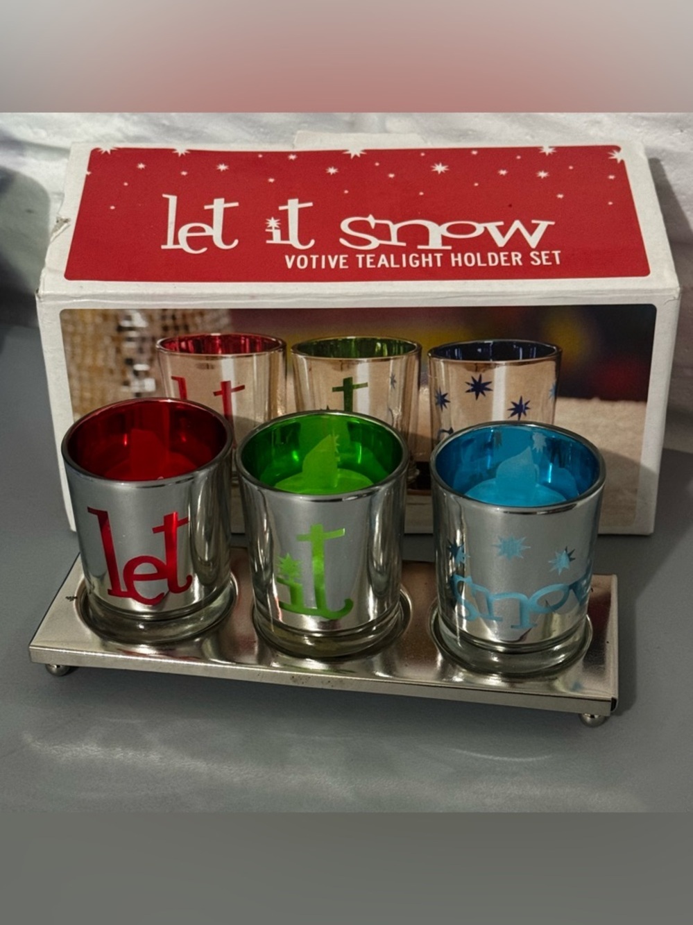 Let It Snow Votive Tealight Holder Set Christmas Holiday Decor Red Green Blue
